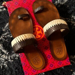 Tory Burch Black and Cream Leather Sandals